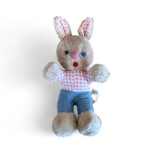 VTG Easter Pets Unlimited Brown Bunny Rabbit Blue Eyes Plush Stuffed Toy Plaid